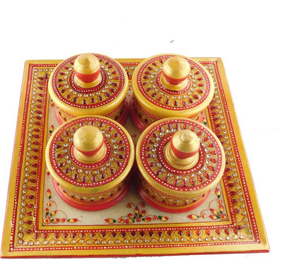 

Chave Marble Supari Daan (Tray and Dibbi) with Real kundan work of Rajasthan - Red Colour - Set of 4 Stoneware Decorative Platter(Multicolor, Pack of 4)