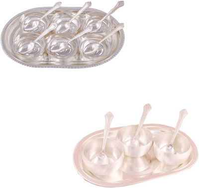 

G S Museum 6 Square Bowl with Spoon and Tray and 3.5" Met Finish 3 Bowl Set with Oval Tray Bowl Spoon Tray Serving Set