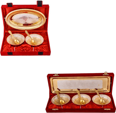 

G S Museum Silver & Gold Plated 2 Heavy Flower Bowl with Spoon and Tray and Silver & Gold Plated 3 Heavy Flower Bowl with Spoon and Tray Bowl Spoon Tray Serving Set