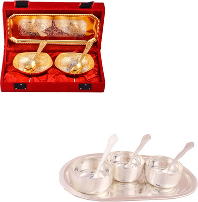 

G S Museum Silver & Gold Plated 2 Mini Square Bowl with Spoon and Tray and 3 Premium Bowl Set with Oval Tray Bowl Spoon Tray Serving Set