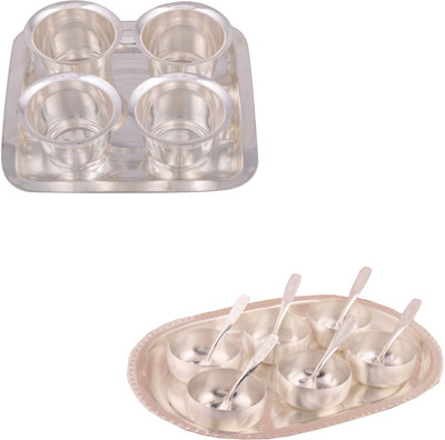 G S Museum 4 Pyla Glass With Tray and 3" Met Finish 6 Bowl Set with Oval Tray Bowl Spoon Tray Serving Set