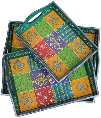 

Crafticia Craft Rajasthani Handicraft Traditional Wooden serving Tray 15 inch Wooden Decorative Platter(Multicolor, Pack of 3)