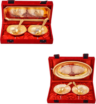 

G S Museum Silver & Gold Plated 2 Mini Square Bowl with Spoon and Tray and Silver & Gold Plated 2 Heavy Dil Bowl with Spoon and Tray Bowl Spoon Tray Serving Set