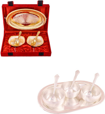 

G S Museum Silver & Gold Plated 2 Heavy Square Bowl with Spoon and Tray and 3.5" Met Finish 3 Bowl Set with Oval Tray Bowl Spoon Tray Serving Set
