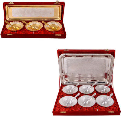 

G S Museum Silver & Gold Plated 3 Heavy Dil Bowl with Spoon and Tray and 6 Mor Bowl with Spoon and Tray Bowl Spoon Tray Serving Set(Pack of 20)