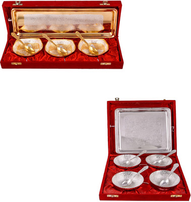 

G S Museum Silver & Gold Plated 3 Heavy Square Bowl with Spoon and Tray and 4 Flower Bowl with Spoon and Tray Bowl Spoon Tray Serving Set(Pack of 16)