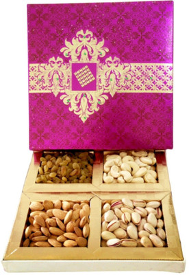 

Shree Sai Handicraft Four Partition Designer Dry Fruits Box Gift Set For Diwali Paper Mache Decorative Platter(Pink)