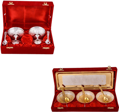 

G S Museum 2 Ice Cream Mug with Spoon and Silver & Gold Plated 3 Heavy Flower Bowl with Spoon and Tray Bowl Spoon Tray Serving Set