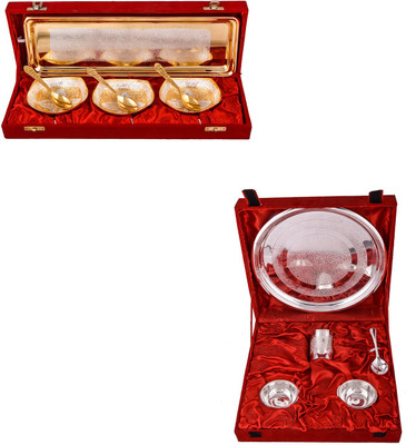 

G S Museum Silver & Gold Plated 3 Heavy Square Bowl with Spoon and Tray and Small Thali Set Bowl Spoon Tray Serving Set(Pack of 12)