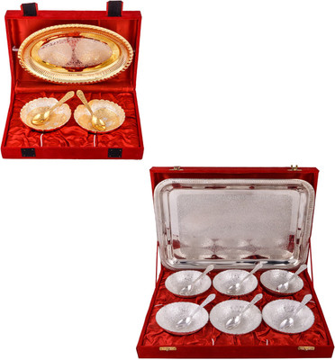 

G S Museum Silver & Gold Plated 2 Heavy Dil Bowl with Spoon and Tray and 6 Mor Bowl with Spoon and Tray Bowl Spoon Tray Serving Set