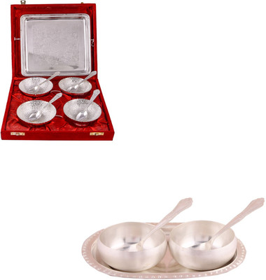 

G S Museum 4 Flower Bowl with Spoon and Tray and 3.5" Met Finish 2 Bowl Set with Oval Tray Bowl Spoon Tray Serving Set(Pack of 14)