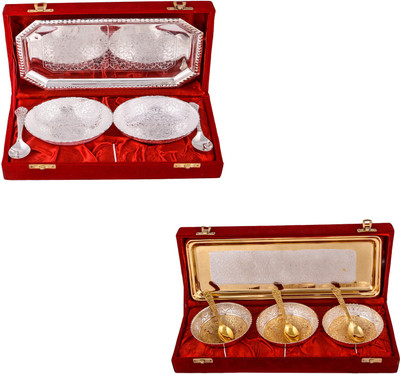 

G S Museum 2 Mor Bowl with Spoon and Tray and Silver & Gold Plated 3 Heavy Flower Bowl with Spoon and Tray Bowl Spoon Tray Serving Set