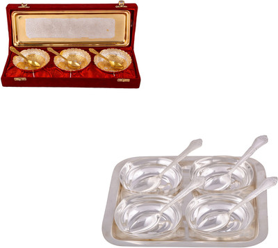 

G S Museum Silver & Gold Plated 3 Heavy Dil Bowl with Spoon and Tray and 4 Square Bowl with Spoon and Tray Bowl Spoon Tray Serving Set(Pack of 16)
