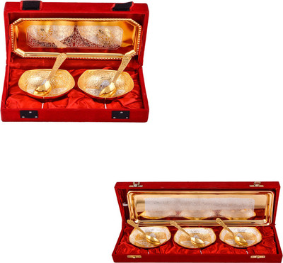 

G S Museum Silver & Gold Plated 2 Mini Square Bowl with Spoon and Tray and Silver & Gold Plated 3 Heavy Square Bowl with Spoon and Tray Bowl Spoon Tray Serving Set