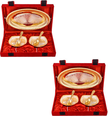 

G S Museum Silver & Gold Plated 2 Heavy Square Bowl with Spoon and Tray 2 Sets Bowl Spoon Tray Serving Set