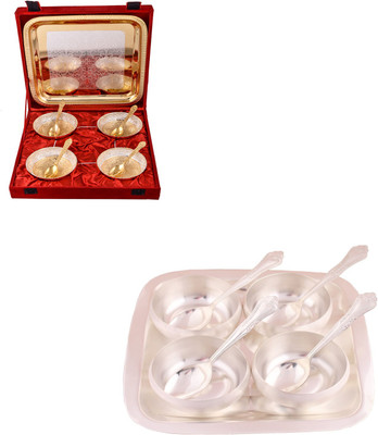 

G S Museum Silver & Gold Plated 4 Heavy Flower Bowl with Spoon and Tray and 3.5" Met Finish 4 Bowl Set with Rectangle Tray Bowl Spoon Tray Serving Set(Pack of 18)