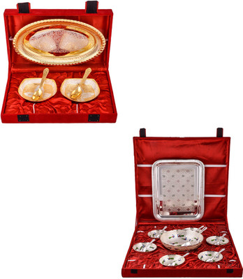 

G S Museum Silver & Gold Plated 2 Heavy Square Bowl with Spoon and Tray and Pudding Set Bowl Spoon Tray Serving Set
