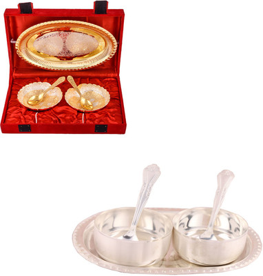 

G S Museum Silver & Gold Plated 2 Heavy Dil Bowl with Spoon and Tray and Premium 2 Bowl Set with Oval Tray Bowl Spoon Tray Serving Set