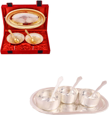 

G S Museum Silver & Gold Plated 2 Heavy Flower Bowl with Spoon and Tray and 3 Premium Bowl Set with Oval Tray Bowl Spoon Tray Serving Set