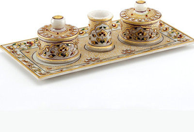 13% OFF on Aapno Rajasthan Marvel in Marble - Gold Embossed Utility Tray Set_76 Stoneware Decorative Platter(Multicolor, Pack of 4)