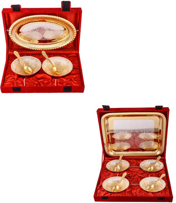 

G S Museum Silver & Gold Plated 2 Heavy Flower Bowl with Spoon and Tray and Silver & Gold Plated 4 Heavy Flower Bowl with Spoon and Tray Bowl Spoon Tray Serving Set