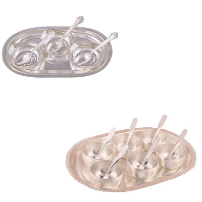 G S Museum 3 Square Bowl with Spoon and Tray and 3" Met Finish 6 Bowl Set with Oval Tray Bowl Spoon Tray Serving Set