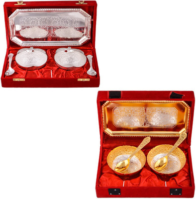 

G S Museum 2 Appel Bowl With Spoon and Tray and Silver & Gold Plated 2 Mini Flower Bowl with Spoon and Tray Bowl Spoon Tray Serving Set