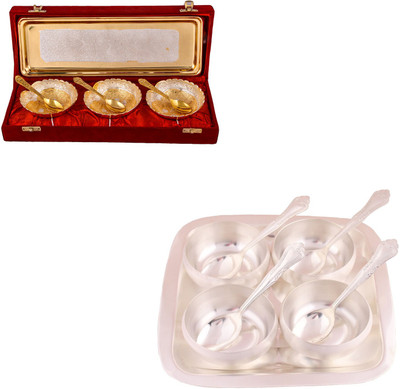 

G S Museum Silver & Gold Plated 3 Heavy Dil Bowl with Spoon and Tray and 3.5" Met Finish 4 Bowl Set with Rectangle Tray Bowl Spoon Tray Serving Set(Pack of 16)