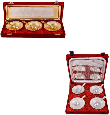 

G S Museum Silver & Gold Plated 3 Heavy Dil Bowl with Spoon and Tray and 4 Mor Bowl with Spoon and Tray Bowl Spoon Tray Serving Set(Pack of 16)
