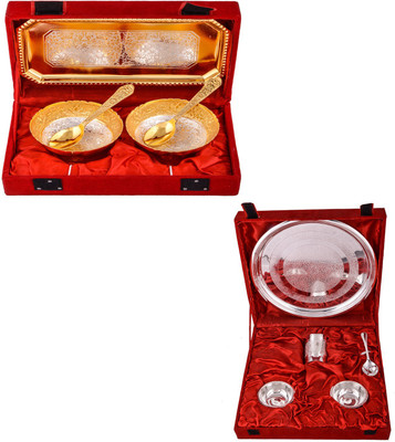 

G S Museum Silver & Gold Plated 2 Mini Flower Bowl with Spoon and Tray and Small Thali Set Bowl Spoon Tray Serving Set