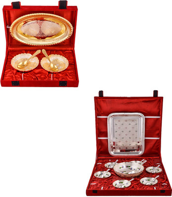 

G S Museum Silver & Gold Plated 2 Heavy Dil Bowl with Spoon and Tray and Pudding Set Bowl Spoon Tray Serving Set