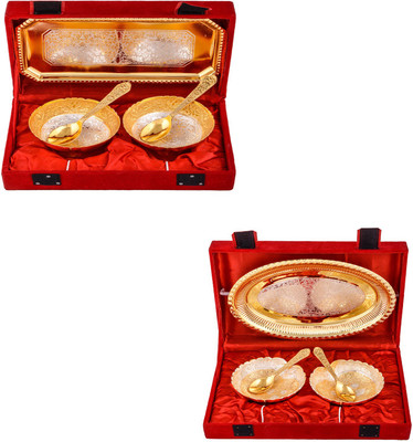 

G S Museum Silver & Gold Plated 2 Mini Flower Bowl with Spoon and Tray and Silver & Gold Plated 2 Heavy Dil Bowl with Spoon and Tray Bowl Spoon Tray Serving Set