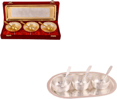 

G S Museum Silver & Gold Plated 3 Heavy Dil Bowl with Spoon and Tray and 3" Met Finish 3 Bowl Set with Oval Tray Bowl Spoon Tray Serving Set(Pack of 14)