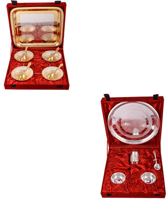 

G S Museum Silver & Gold Plated 4 Heavy Flower Bowl with Spoon and Tray and Small Thali Set Bowl Spoon Tray Serving Set(Pack of 14)