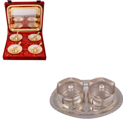 

G S Museum Silver & Gold Plated 4 Heavy Flower Bowl with Spoon and Tray and 2 Big Tai Loti Set Bowl Spoon Tray Serving Set(Pack of 12)