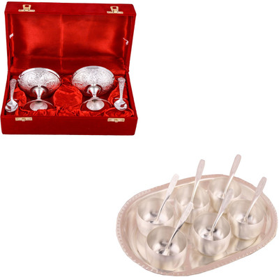 

G S Museum 2 Ice Cream Mug with Spoon and 3" Met Finish 6 Bowl Set with Oval Tray Bowl Spoon Tray Serving Set