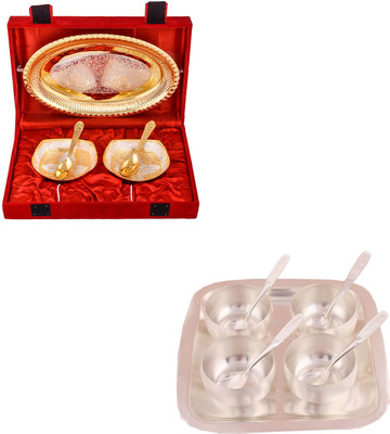 

G S Museum Silver & Gold Plated 2 Heavy Square Bowl with Spoon and Tray and 3" Met Finish 4 Bowl Set with Rectangle Tray Bowl Spoon Tray Serving Set