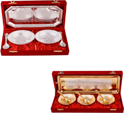 

G S Museum 2 Mor Bowl with Spoon and Tray and Silver & Gold Plated 3 Heavy Square Bowl with Spoon and Tray Bowl Spoon Tray Serving Set
