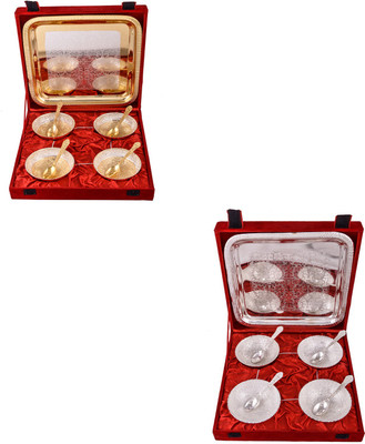 

G S Museum Silver & Gold Plated 4 Heavy Flower Bowl with Spoon and Tray and 4 Mor Bowl with Spoon and Tray Bowl Spoon Tray Serving Set(Pack of 18)