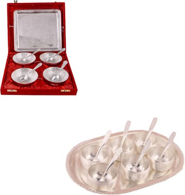 

G S Museum 4 Flower Bowl with Spoon and Tray and 3" Met Finish 6 Bowl Set with Oval Tray Bowl Spoon Tray Serving Set(Pack of 22)
