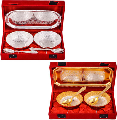 

G S Museum 2 Flower Bowl with Spoon and Tray and Silver & Gold Plated 2 Mini Flower Bowl with Spoon and Tray Bowl Spoon Tray Serving Set