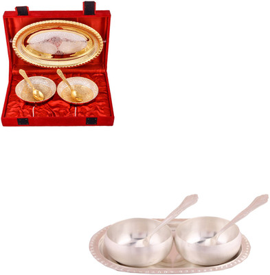 

G S Museum Silver & Gold Plated 2 Heavy Flower Bowl with Spoon and Tray and 3.5" Met Finish 2 Bowl Set with Oval Tray Bowl Spoon Tray Serving Set