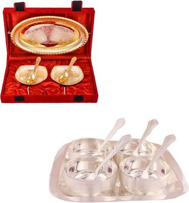 

G S Museum Silver & Gold Plated 2 Heavy Square Bowl with Spoon and Tray and Premium 4 Bowl Set with Rectangle Tray Bowl Spoon Tray Serving Set