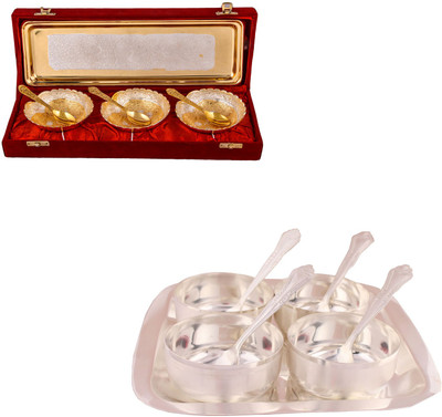 

G S Museum Silver & Gold Plated 3 Heavy Dil Bowl with Spoon and Tray and Premium 4 Bowl Set with Rectangle Tray Bowl Spoon Tray Serving Set(Pack of 16)