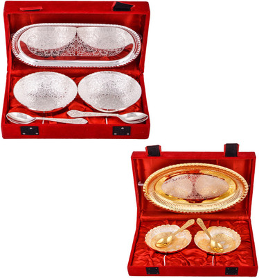 

G S Museum 2 Flower Bowl with Spoon and Tray and Silver & Gold Plated 2 Heavy Dil Bowl with Spoon and Tray Bowl Spoon Tray Serving Set