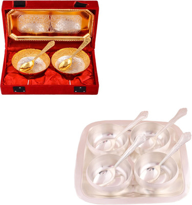 

G S Museum Silver & Gold Plated 2 Mini Flower Bowl with Spoon and Tray and 3.5" Met Finish 4 Bowl Set with Rectangle Tray Bowl Spoon Tray Serving Set