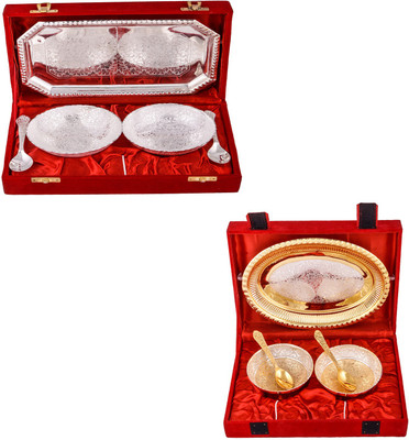 

G S Museum 2 Mor Bowl with Spoon and Tray and Silver & Gold Plated 2 Heavy Flower Bowl with Spoon and Tray Bowl Spoon Tray Serving Set
