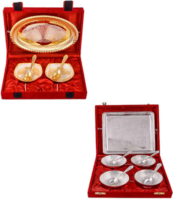 

G S Museum Silver & Gold Plated 2 Heavy Square Bowl with Spoon and Tray and 4 Flower Bowl with Spoon and Tray Bowl Spoon Tray Serving Set