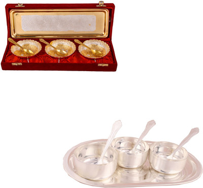 

G S Museum Silver & Gold Plated 3 Heavy Dil Bowl with Spoon and Tray and 3 Premium Bowl Set with Oval Tray Bowl Spoon Tray Serving Set(Pack of 14)