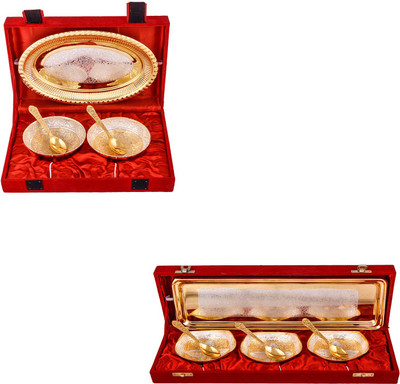 

G S Museum Silver & Gold Plated 2 Heavy Flower Bowl with Spoon and Tray and Silver & Gold Plated 3 Heavy Square Bowl with Spoon and Tray Bowl Spoon Tray Serving Set